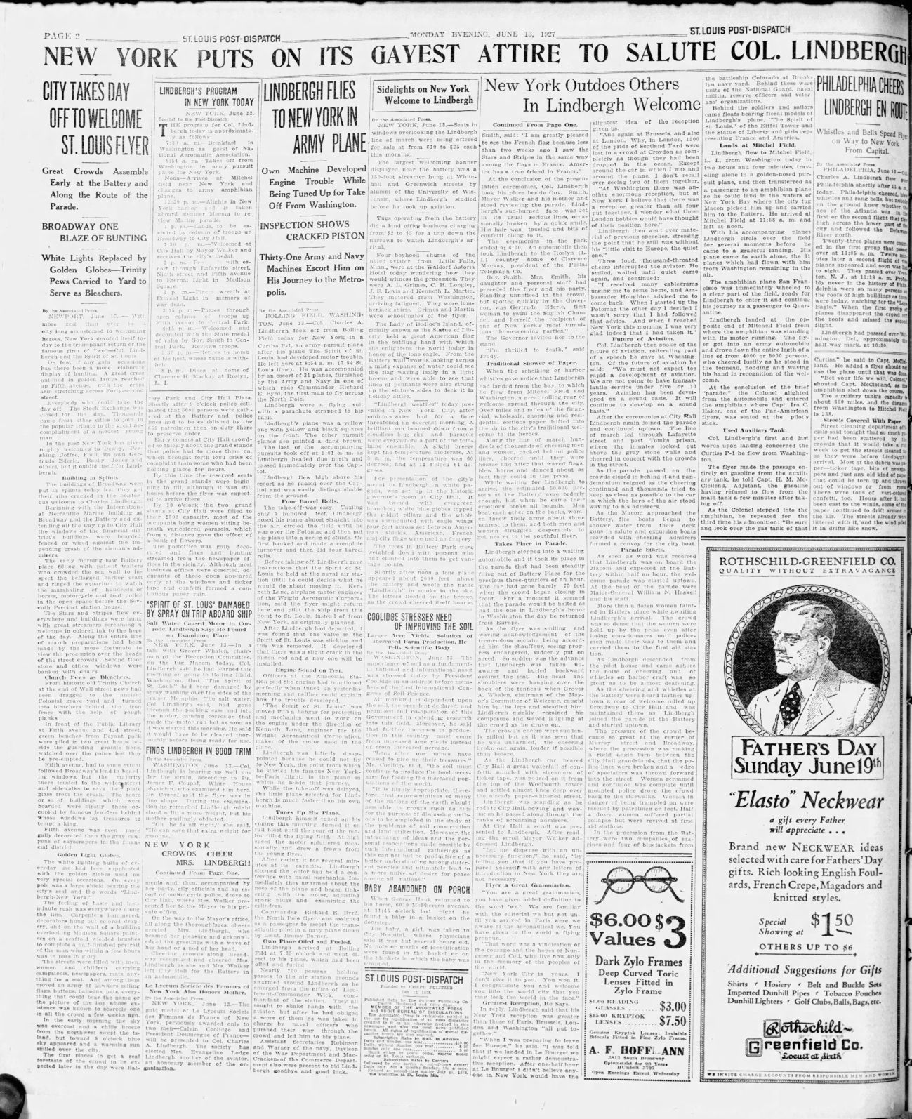 June 13, 1927 - Lindberg Flies to NY in Army Plane